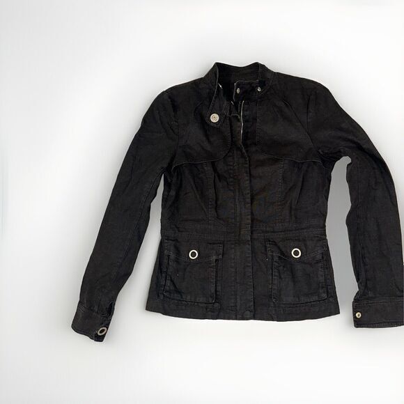 Adolfo Dominguez Jacket Women's S 38 Black Linen Blend Zip Silver Hardware Spain - Picture 2 of 11